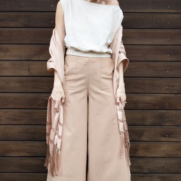 Tan Linen Side Split Trousers - Bohemian Style Pants One Size - Picture 2 of 15